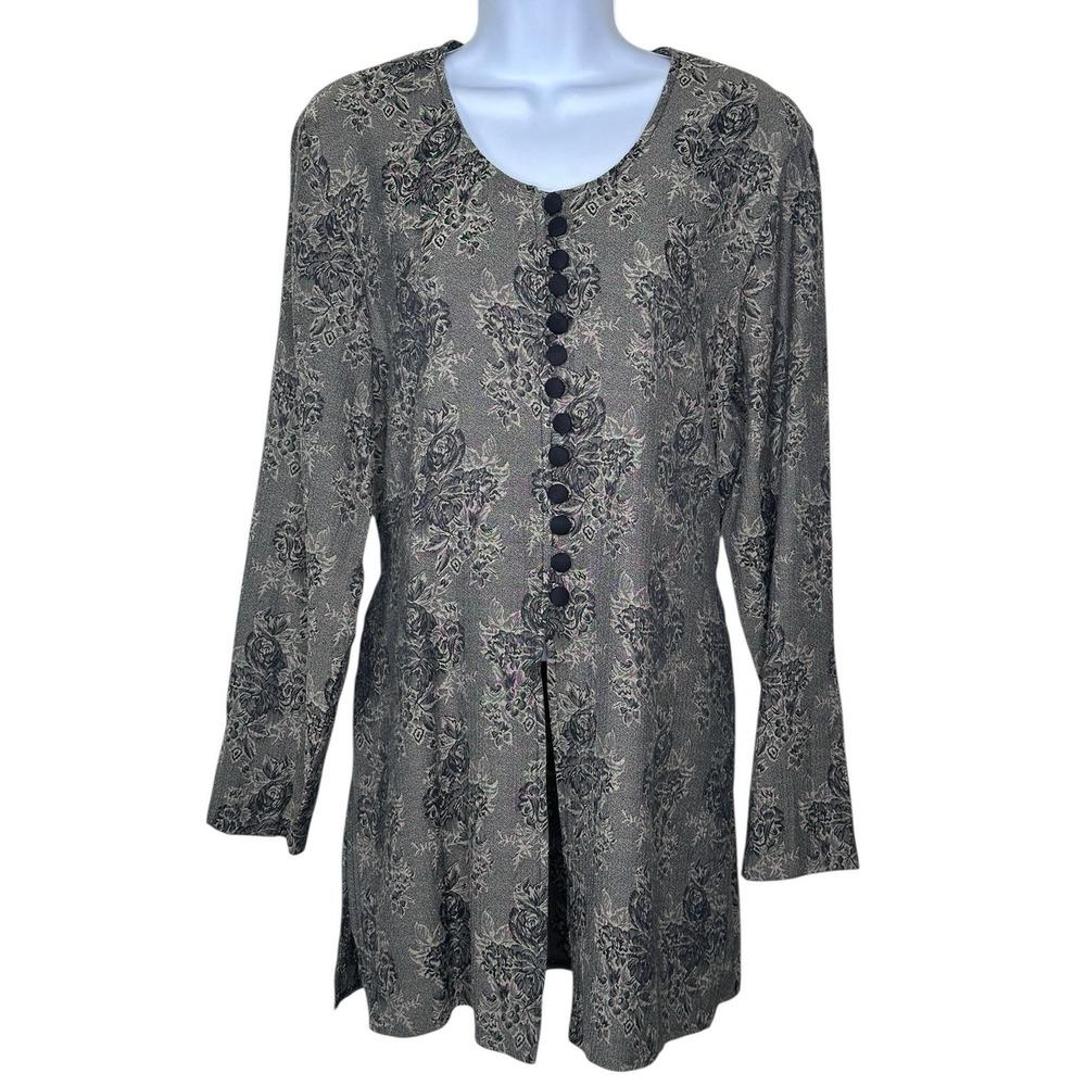 Vintage All That Jazz Black Brown Long Sleeve Tunic Top Sz 11/12 Damask Floral